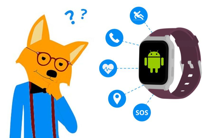 Man sieht den Smarthome-Fuchs, wie er über die verschiedenen Funktionen einer Android-Smartwatch nachdenkt. 